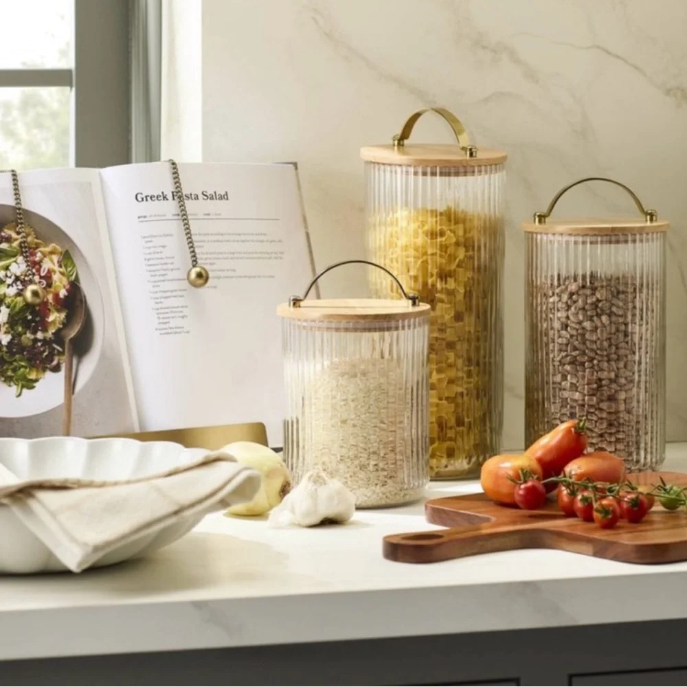 53oz Fluted Glass Storage Canister set with Wood Lid - Hearth & Hand Magnolia